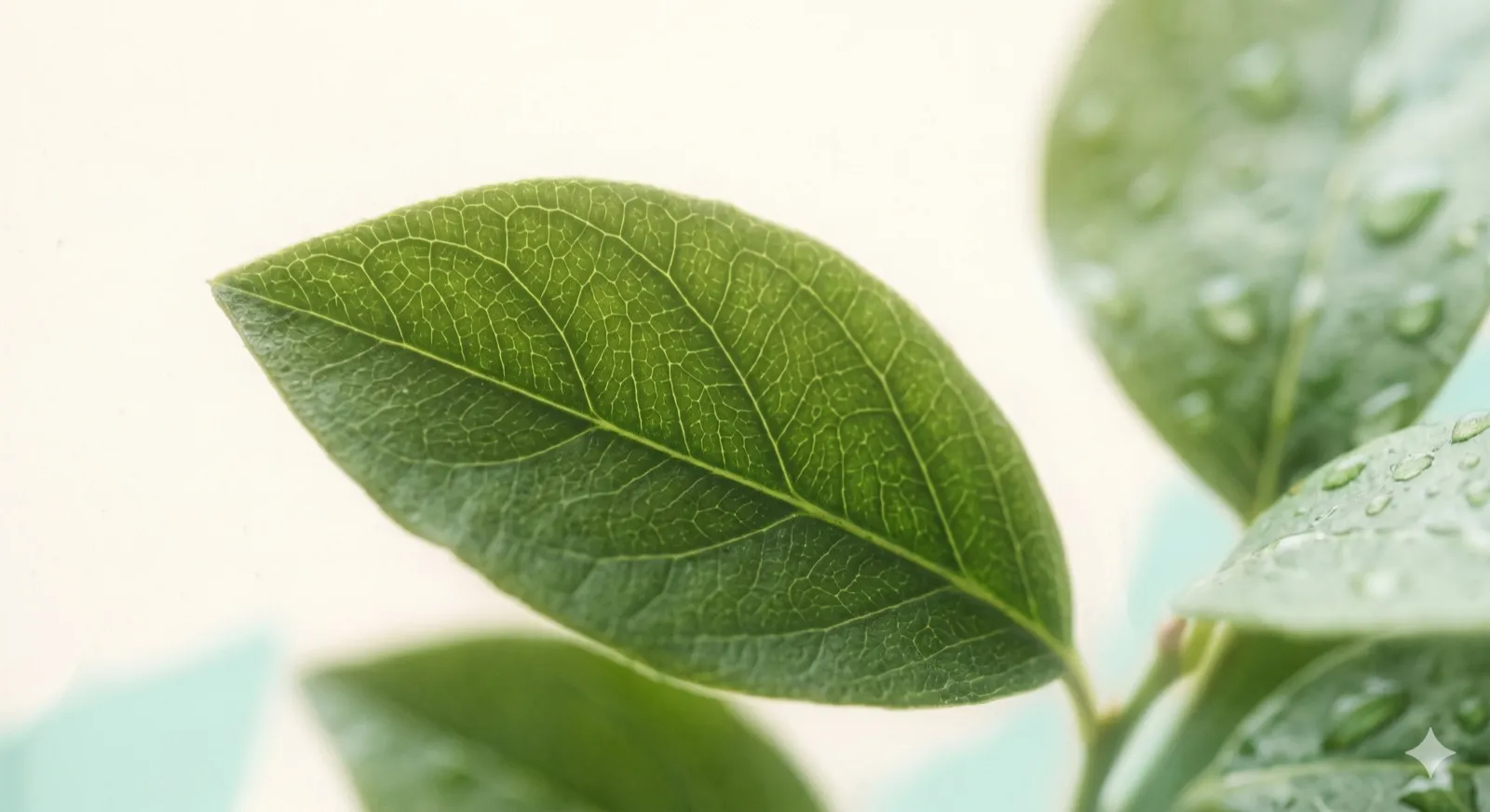 Detalle botánico con gotas de agua usado como textura orgánica de apoyo para comunicar calma y naturalidad.