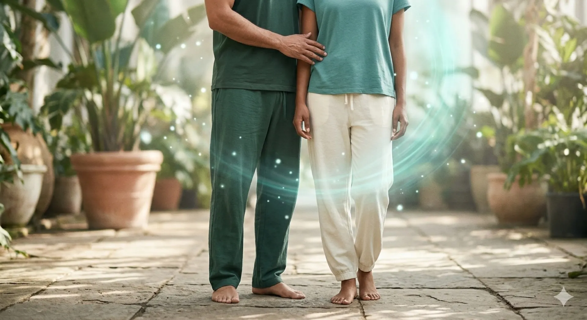 Dos personas caminando descalzas en un entorno natural para reforzar equilibrio, prevención y bienestar sostenido.